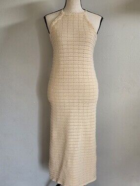 Miou Muse Cream Beige Crochet Halter Maxi Dress Size Small